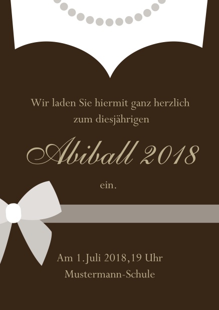 Online Abiball 2018 Einladungskarte gestaltet als Kleid mit Halskette. Braun.