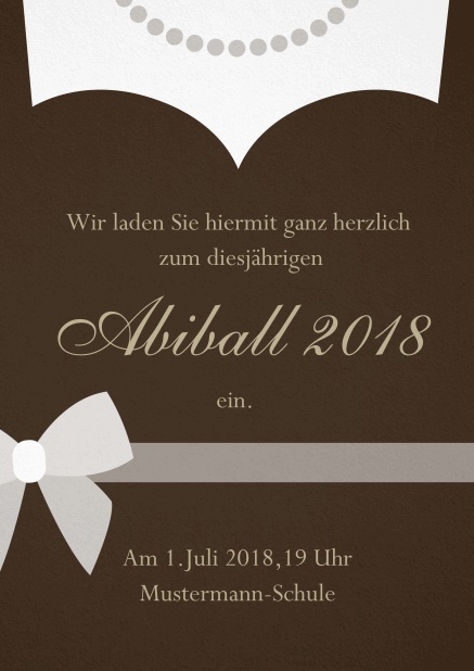 Abiball 2018 Einladungskarte gestaltet als Kleid mit Halskette. Braun.