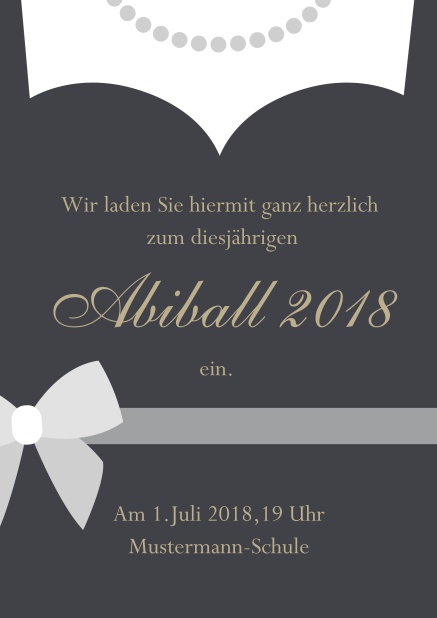 Online Abiball 2018 Einladungskarte gestaltet als Kleid mit Halskette. Grau.