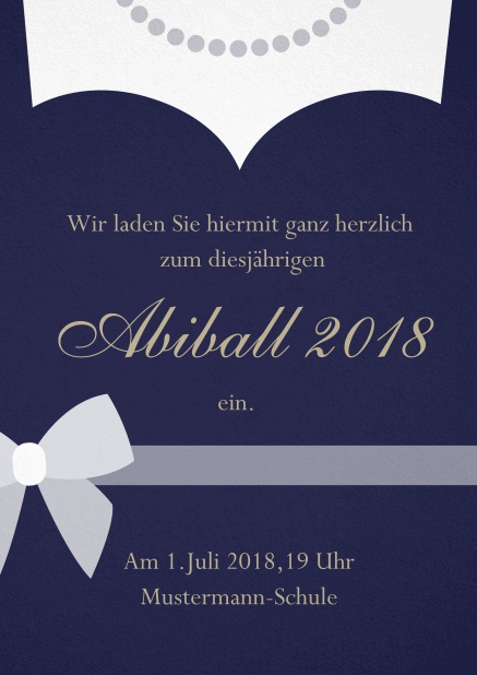 Abiball 2018 Einladungskarte gestaltet als Kleid mit Halskette. Marine.