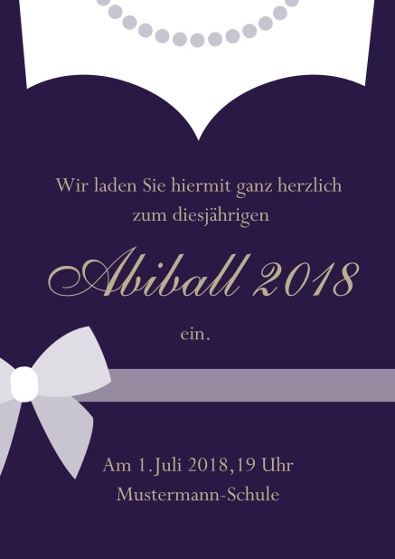 Online Abiball 2018 Einladungskarte gestaltet als Kleid mit Halskette. Lila.