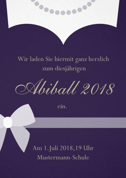 Abiball 2018 Einladungskarte gestaltet als Kleid mit Halskette. Lila.