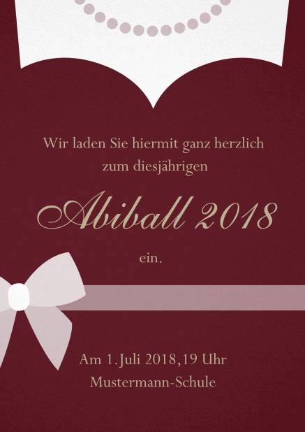 Abiball 2018 Einladungskarte gestaltet als Kleid mit Halskette. Rot.