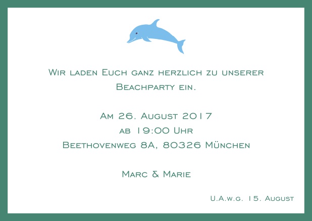 Online Einladungskarte mit Delfin und passendem Rahmen. Grün.