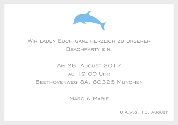 Online Einladungskarte mit Delfin und passendem Rahmen. Grau.