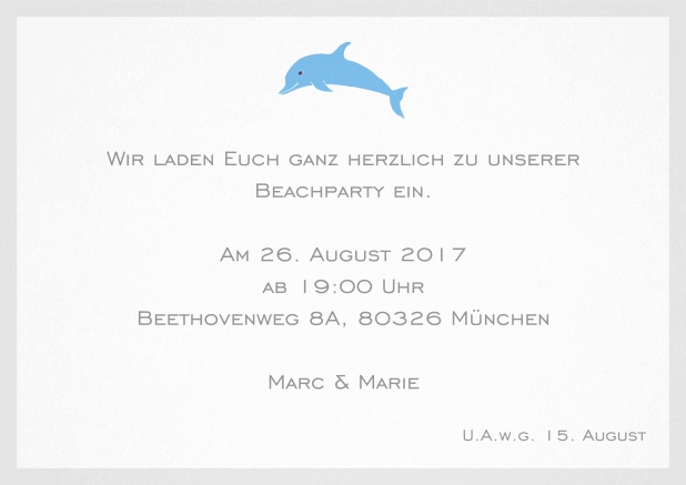 Einladungskarte mit Delfin und passendem Rahmen. Grau.