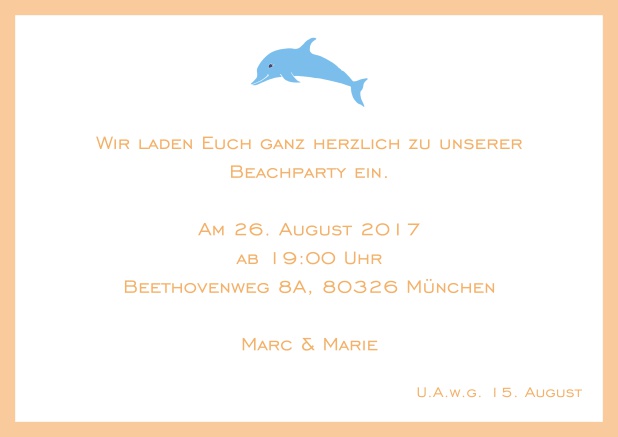 Online Einladungskarte mit Delfin und passendem Rahmen. Orange.