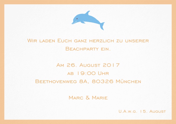 Einladungskarte mit Delfin und passendem Rahmen. Orange.