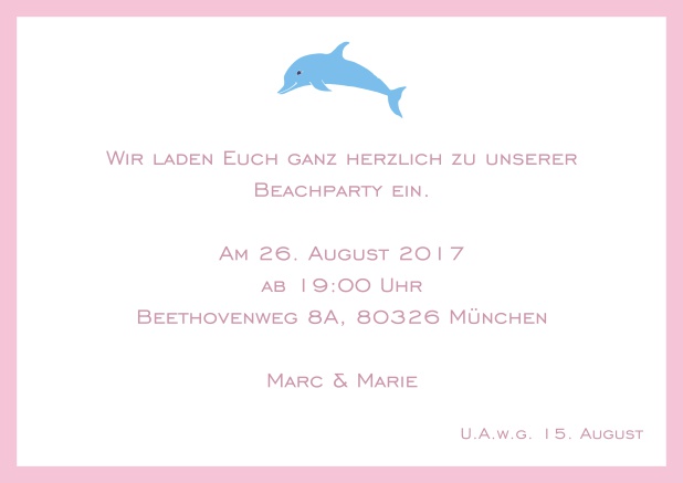 Online Einladungskarte mit Delfin und passendem Rahmen. Rosa.