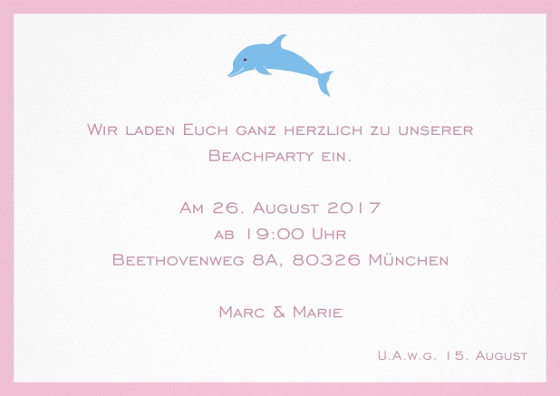 Einladungskarte mit Delfin und passendem Rahmen. Rosa.