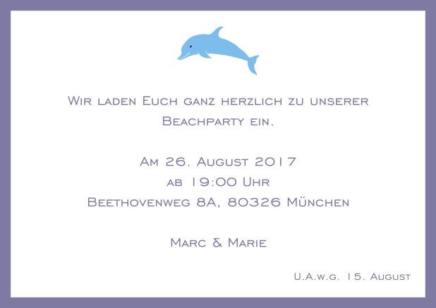 Online Einladungskarte mit Delfin und passendem Rahmen. Lila.