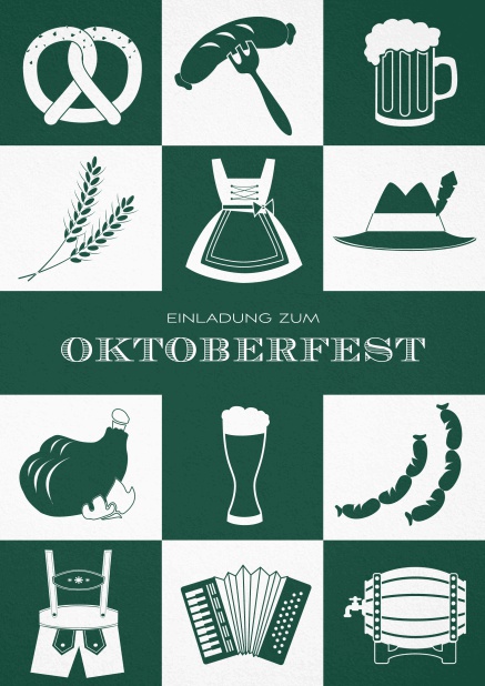 Oktoberfesteinladungskarte mit viele Karos mit Bretzeln, Dirndl, Lederhosen etc. Grün.