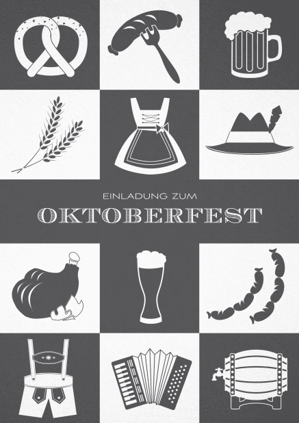 Oktoberfesteinladungskarte mit viele Karos mit Bretzeln, Dirndl, Lederhosen etc. Grau.