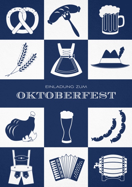 Oktoberfesteinladungskarte mit viele Karos mit Bretzeln, Dirndl, Lederhosen etc. Marine.