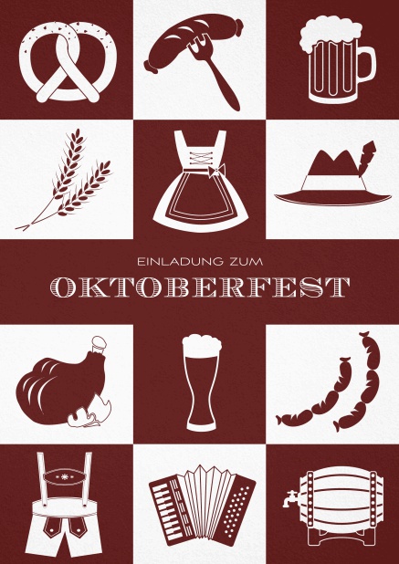 Oktoberfesteinladungskarte mit viele Karos mit Bretzeln, Dirndl, Lederhosen etc. Rot.