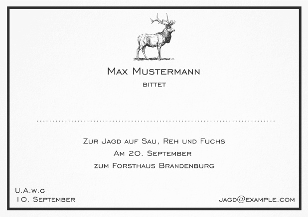 Klassische Jagdeinladungskarte mit feiner Linie als Rahmen und einem starkem Hirsch. Schwarz.