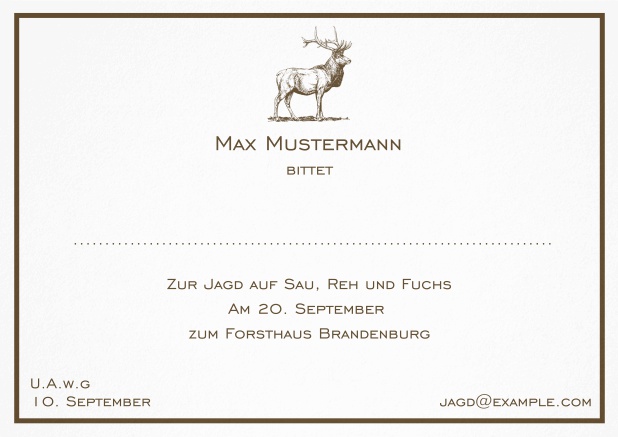 Klassische Jagdeinladungskarte mit feiner Linie als Rahmen und einem starkem Hirsch. Braun.
