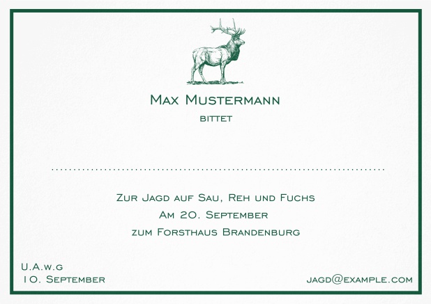 Klassische Jagdeinladungskarte mit feiner Linie als Rahmen und einem starkem Hirsch. Grün.