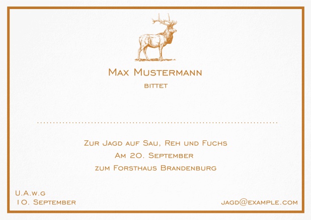 Klassische Jagdeinladungskarte mit feiner Linie als Rahmen und einem starkem Hirsch. Orange.