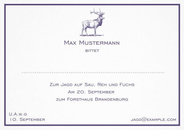 Klassische Jagdeinladungskarte mit feiner Linie als Rahmen und einem starkem Hirsch. Lila.
