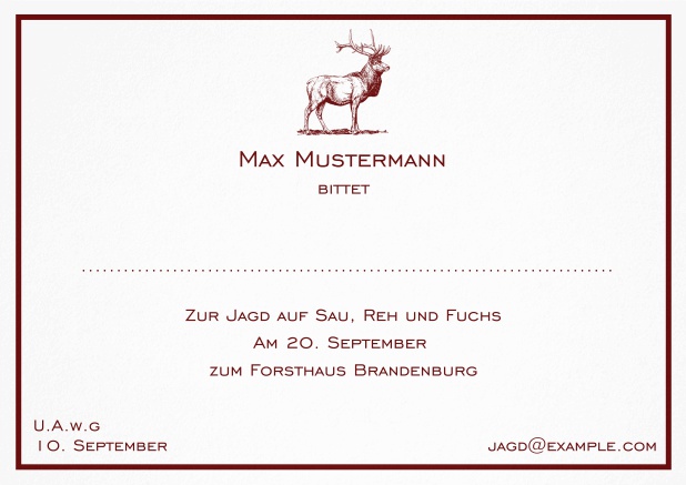 Klassische Jagdeinladungskarte mit feiner Linie als Rahmen und einem starkem Hirsch. Rot.