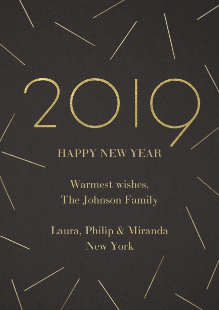Dark Happy New Year card with golden 2019.