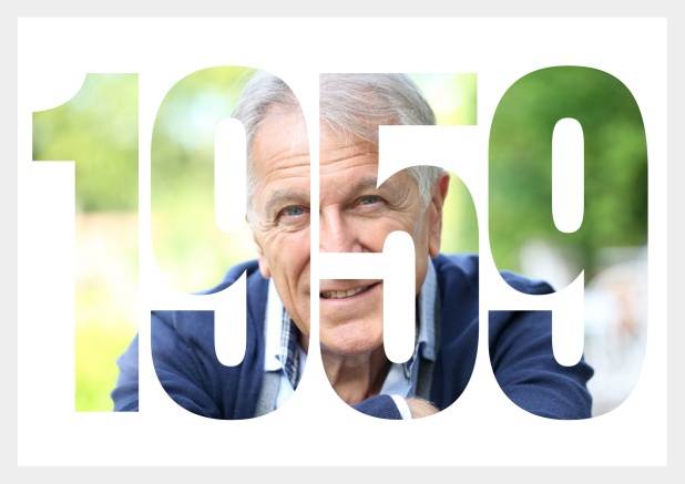 1959 geboren mit Rahmen - Grau - 60. Geburtstag Online Einladungskarte zum 60. Geburtstag mit ausgeschnittenem Geburtsjahr 1959 über einem Foto. Grau.