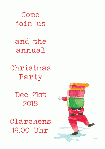 Animated Christmas party invitation with Santa carrying a growing number of presents