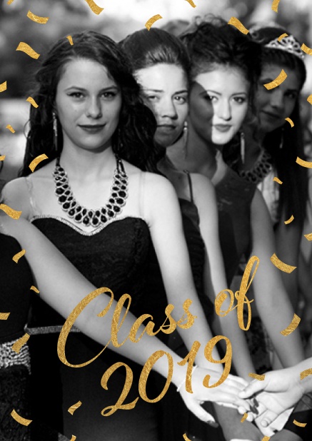 Class of 2019 graduation online invitation card with photo and golden sparks.
