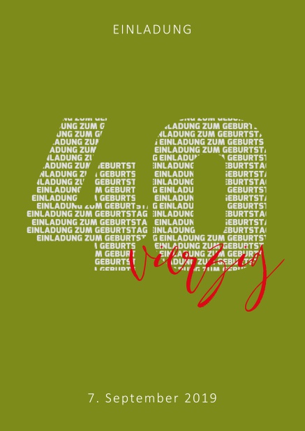 Online Einladungskarte zum 40. Geburtstag mit Zahl 40 und ausgeschriebenem vierzig Grün.
