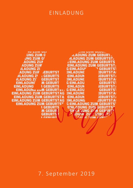 Online Einladungskarte zum 40. Geburtstag mit Zahl 40 und ausgeschriebenem vierzig Orange.