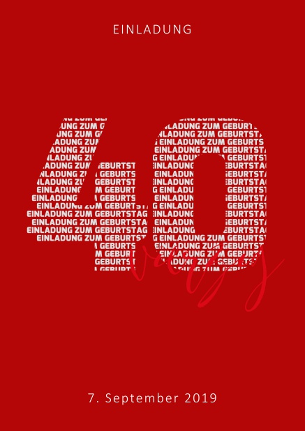 Online Einladungskarte zum 40. Geburtstag mit Zahl 40 und ausgeschriebenem vierzig Rot.