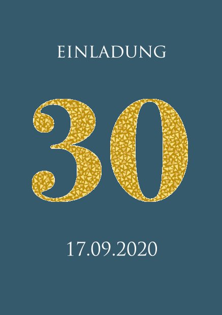 Online Einladungskarte zum 30. Jahrestag mit animierten goldenen Mosaiksteinen. Blau.