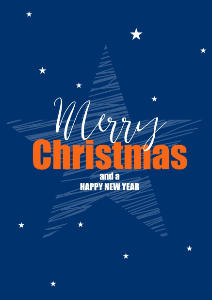 Online Blaue Weihnachtskarte mit großem Stern und gestaltetem Merry Christmas and a Happy New Year Text.