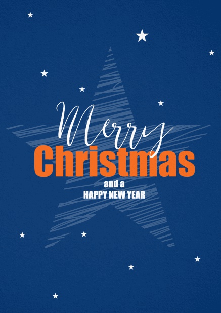 Blaue Weihnachtskarte mit großem Stern und gestaltetem Merry Christmas and a Happy New Year Text.