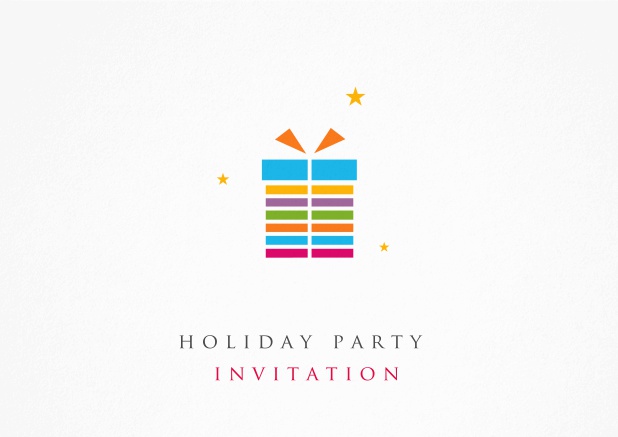 White Christmas Party invitation card with colorful present and golden stars.