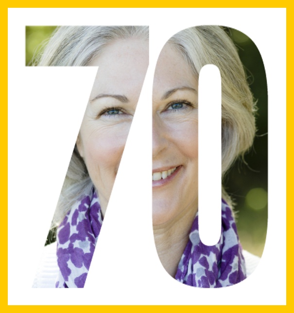 Online Einladungskarte zum 70. Geburtstag mit grosser ausgeschnittenen Zahl 70 für ein eigenes Foto. Gelb.