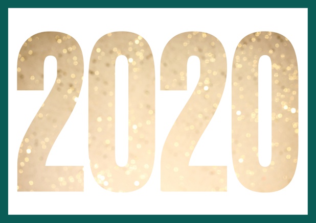 Paperless online Happy New Year greeting card with cut out 2020 with golden glitter image or own photo. Green.