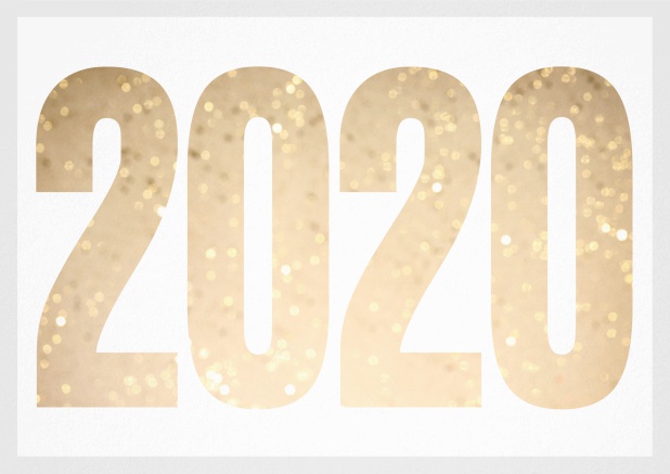 Happy New Year greeting card with cut out 2020 with golden glitter image or own photo. Grey.