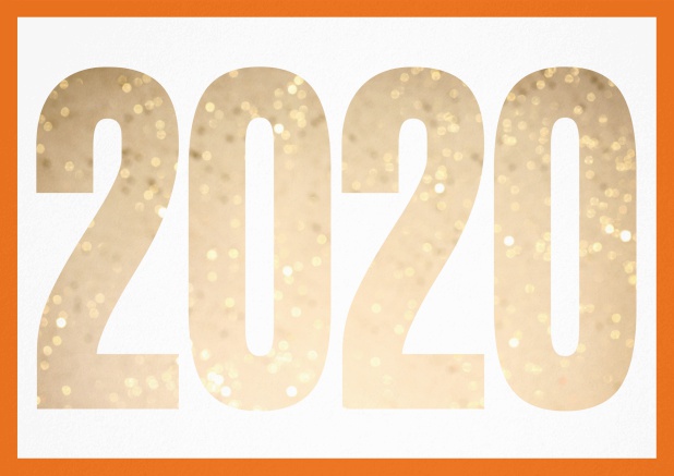 Happy New Year greeting card with cut out 2020 with golden glitter image or own photo. Orange.