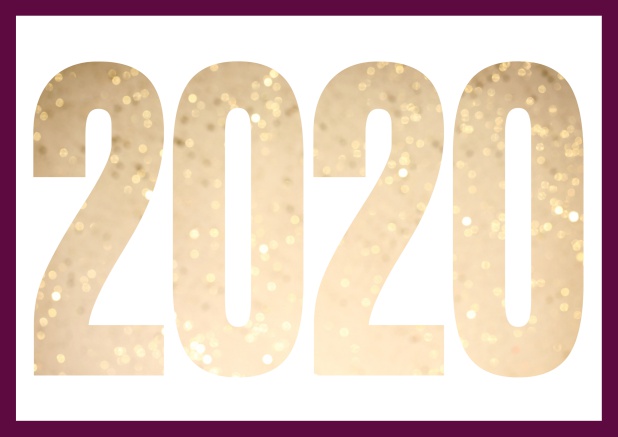 Paperless online Happy New Year greeting card with cut out 2020 with golden glitter image or own photo. Purple.