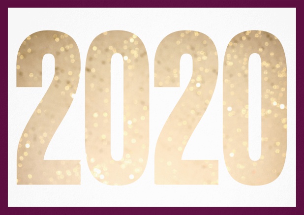 Happy New Year greeting card with cut out 2020 with golden glitter image or own photo. Purple.