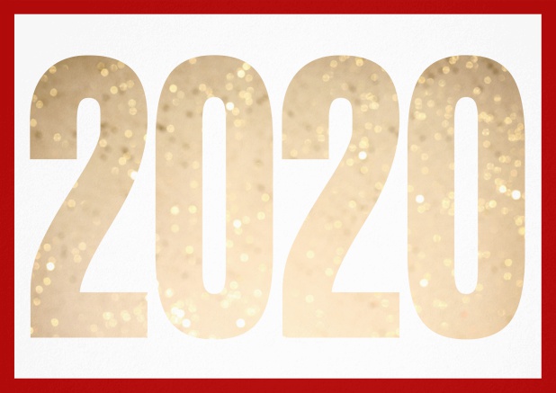 Happy New Year greeting card with cut out 2020 with golden glitter image or own photo. Red.