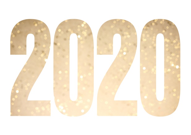 Paperless online Happy New Year greeting card with cut out 2020 with golden glitter image or own photo. White.