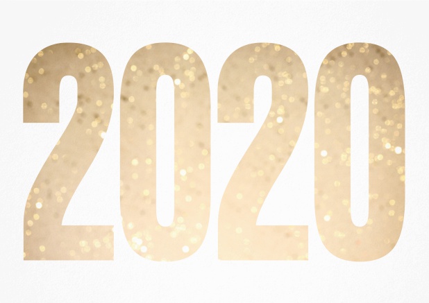 Happy New Year greeting card with cut out 2020 with golden glitter image or own photo. White.