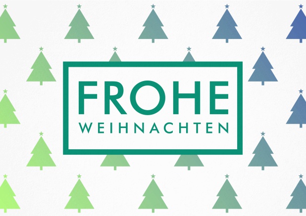 Weihnachtskarte mit illustrierten Weihnachtsbäumen in Grün und Blau