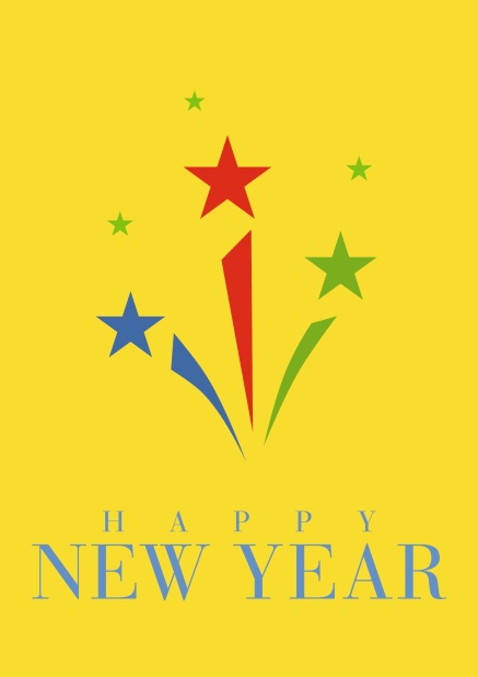 Online Gelbe Neujahrskarte mit Sternschnuppen in rot, blau, grün