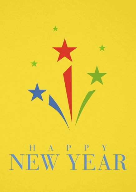 Gelbe Neujahrskarte mit Sternschnuppen in rot, blau, grün
