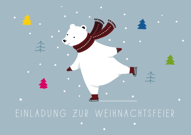 Online Weihnachtsfeier Einladungskarte mit Schlittschuh fahrenden Einbären.
