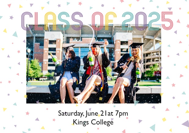 Online Invitation with colorful Class of 2025 card design. White.